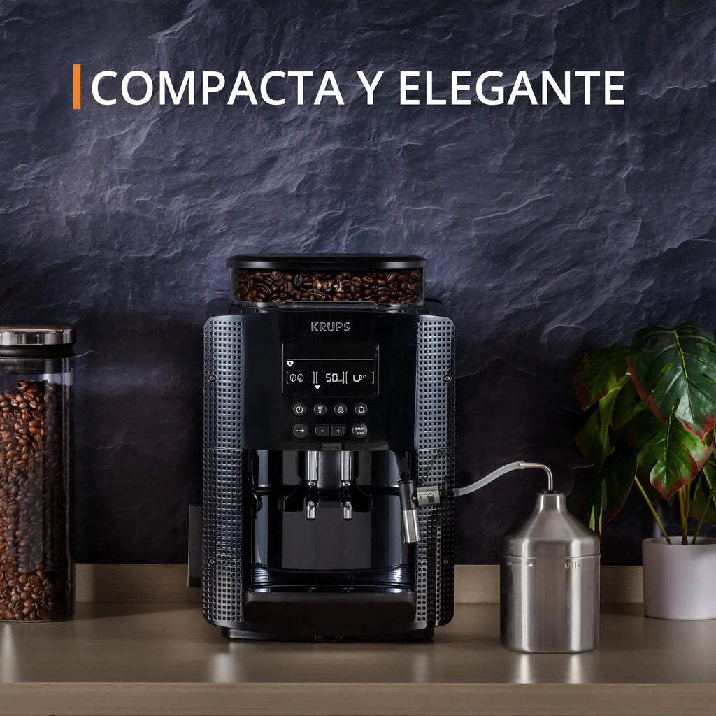 2025 Krups Essential - Cafetera superautomática, 15 bares de presión, molinillo cónico de metal, con selección de cantidad e intensidad de café, 1,7 l, 1 taza, acero, pantalla LCD + accesorios para leche