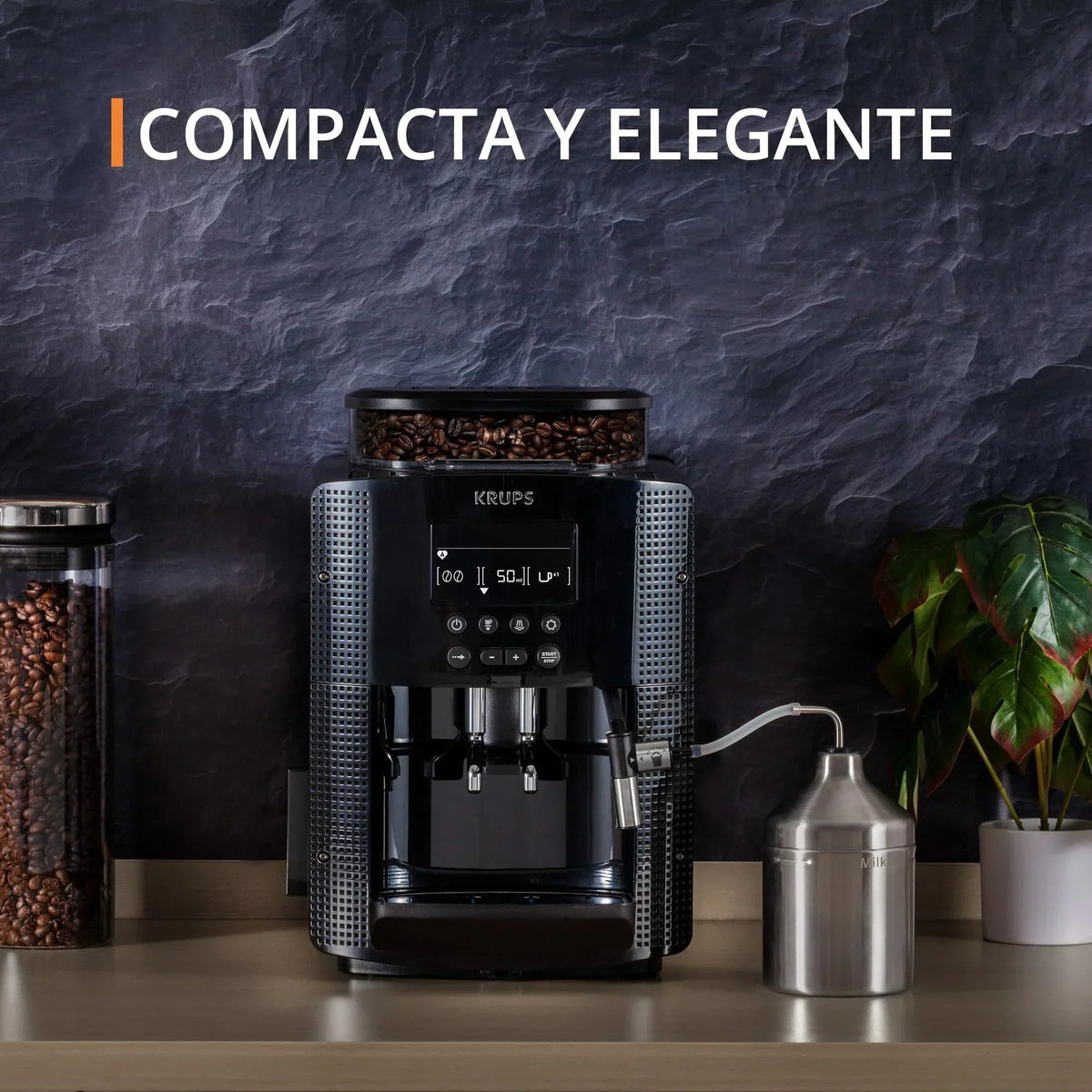 2025 Krups Essential - Cafetera superautomática, 15 bares de presión, molinillo cónico de metal, con selección de cantidad e intensidad de café, 1,7 l, 1 taza, acero, pantalla LCD + accesorios para leche
