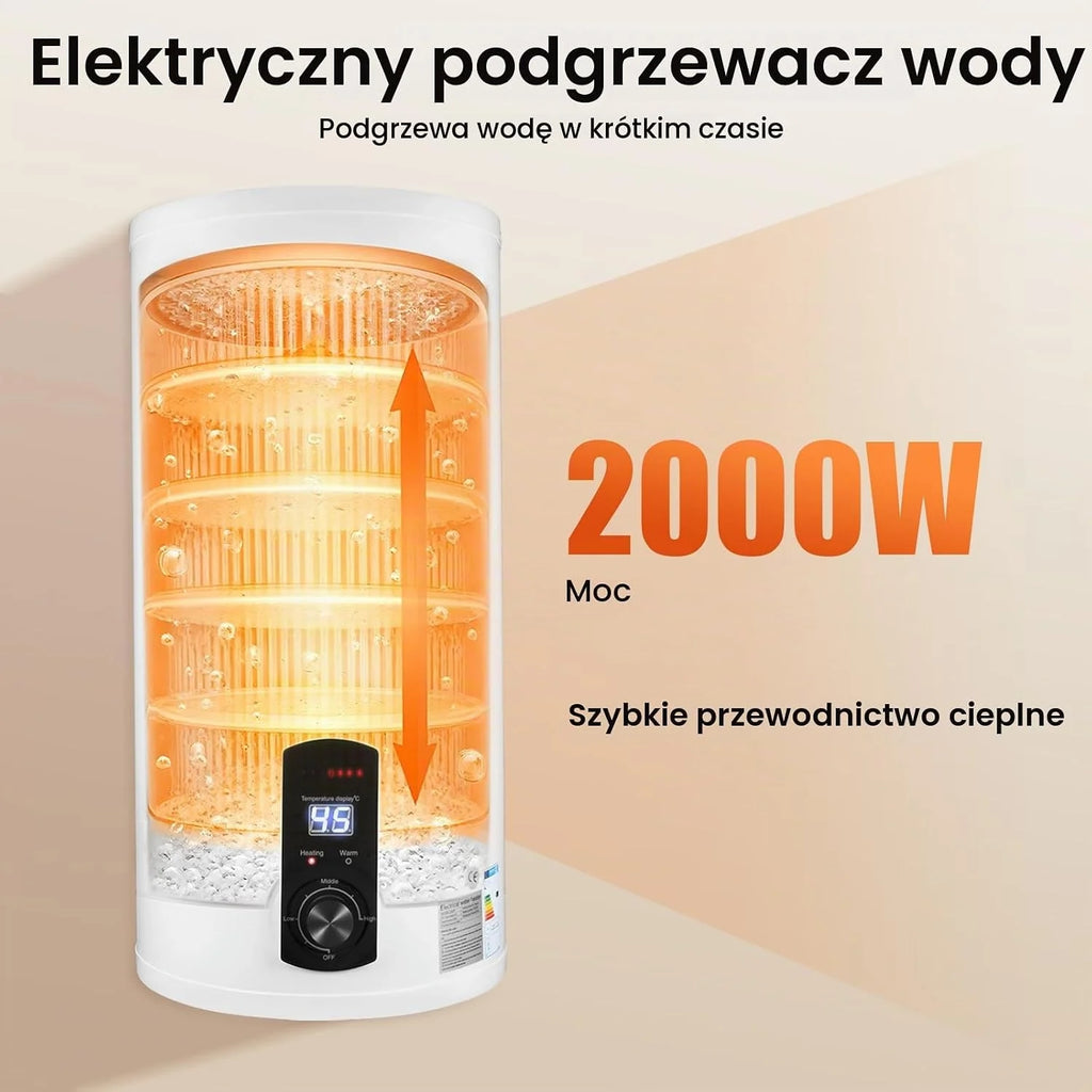 Elektryczny zbiornik ciepłej wody 220 V, zbiornik ścienny, podgrzewacz wody, wskaźnik temperatury, bojler elektryczny 2000 W (biały, 50 l)