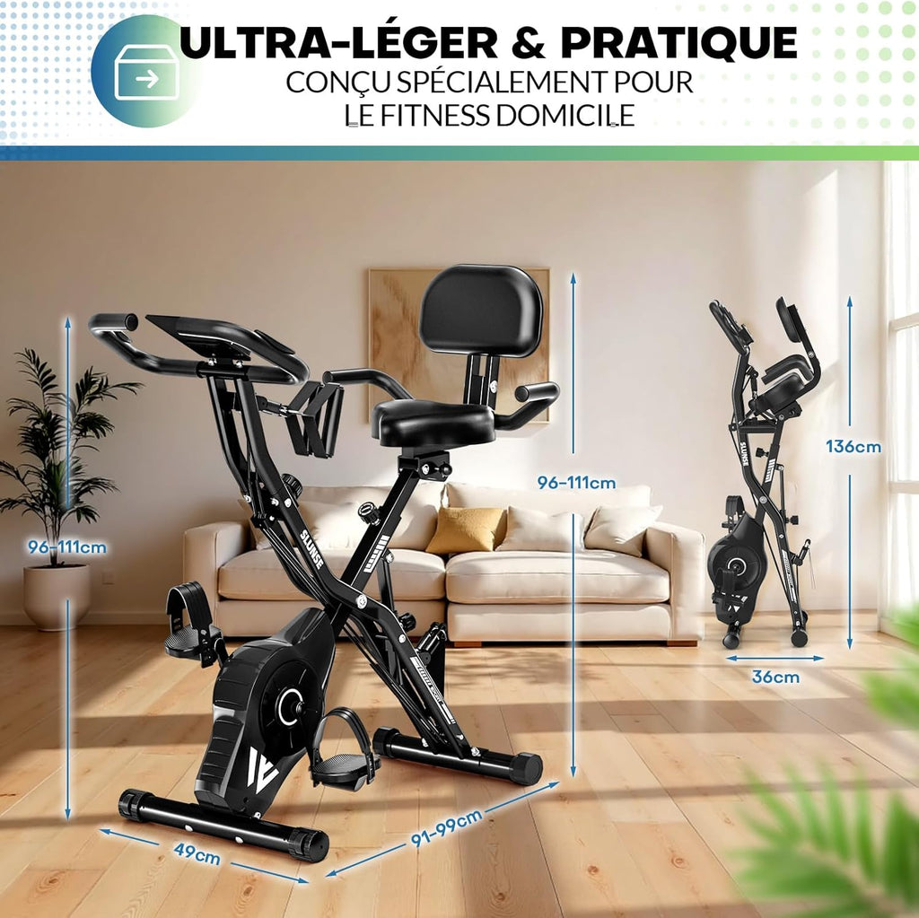 Bicicleta estática, SLUNSE Bicicleta estática 5 en 1 con 16 niveles de resistencia magnética, bicicleta estática plegable con 10 dB, bicicletas de fitness para entrenamiento cardiovascular en casa, capacidad de 160 kg