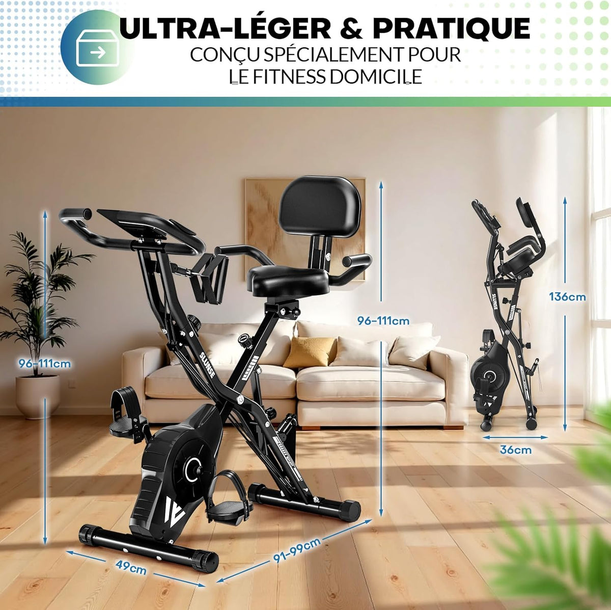 Bicicleta estática, SLUNSE Bicicleta estática 5 en 1 con 16 niveles de resistencia magnética, bicicleta estática plegable con 10 dB, bicicletas de fitness para entrenamiento cardiovascular en casa, capacidad de 160 kg