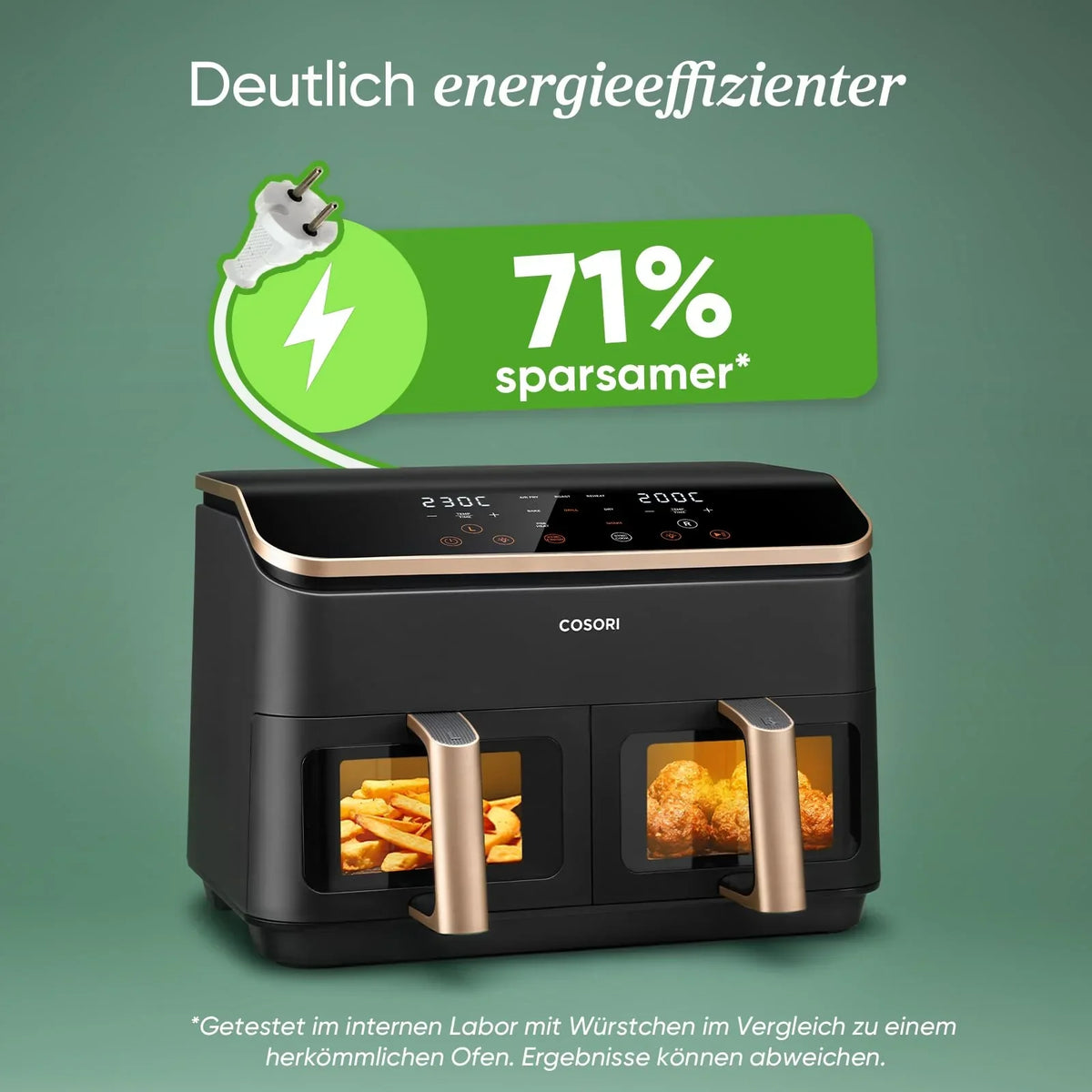 Freidora de aire COSORI, con ventana de visualización, 8,5L freidora de aire de 2 compartimentos, tecnología NTC para un control preciso de la temperatura, color dorado