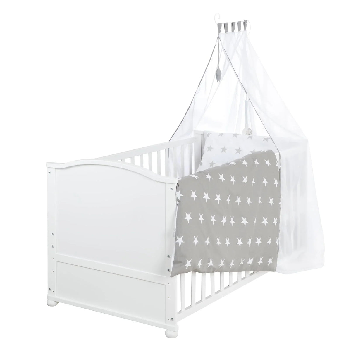 Juego de cuna roba Little Stars 70 x 140 cm, convertible y ajustable en altura, con textiles completos, diseño de estrellas, madera blanca