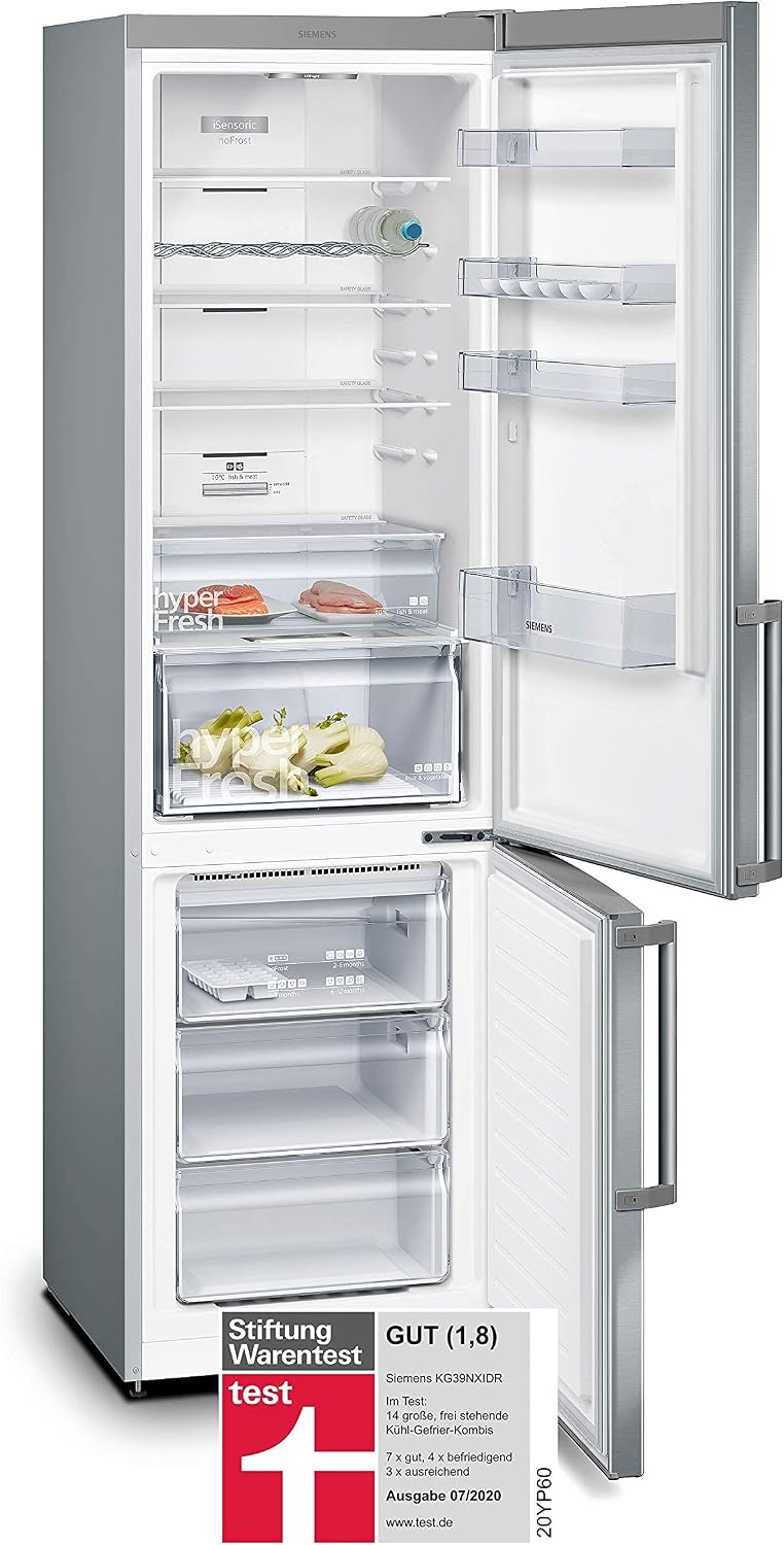 Siemens KG39NXIDR iQ300 Frigorífico combi de libre instalación con congelador, 191 kWh al año, 368 L, sistema de conservación hyperFresh, noFrost, freshSense, botellero