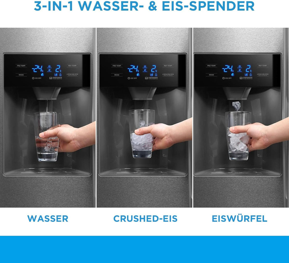 Midea KS-DDX 6.32 WT Frigorífico americano / 178,8 cm de altura / 254 kWh/año / No Frost / Compresor Dual Inverter / con dispensador de agua/hielo 3 en 1 y depósito de agua, Dark Inox