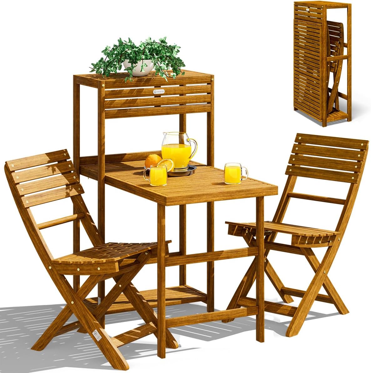 Set de balcón Casaria® para 2 personas, resistente a la intemperie, plegable, madera con certificación FSC®, capacidad de carga de 160 kg, 94x61x117 cm, para jardín, balcón, terraza, 3 piezas, muebles de balcón