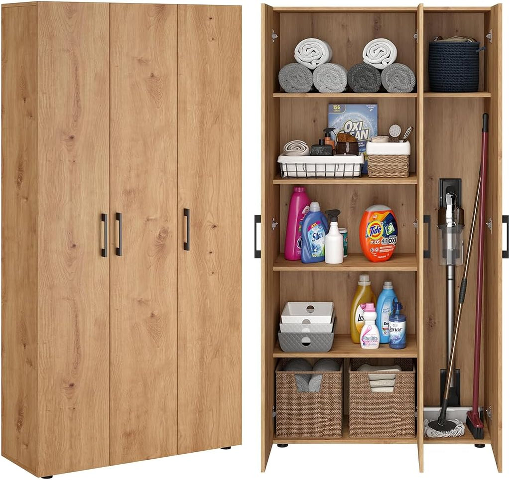 Bellamio Apol Mehrzweckschrank Eichenoptik – Besenschrank 90 cm breit mit Stauraum – Putzschrank mit Staubsaugerfach – Vorratsschrank Küche - Aktenschrank aus Holz - Flurschrank – Aufbewahrungsschrank