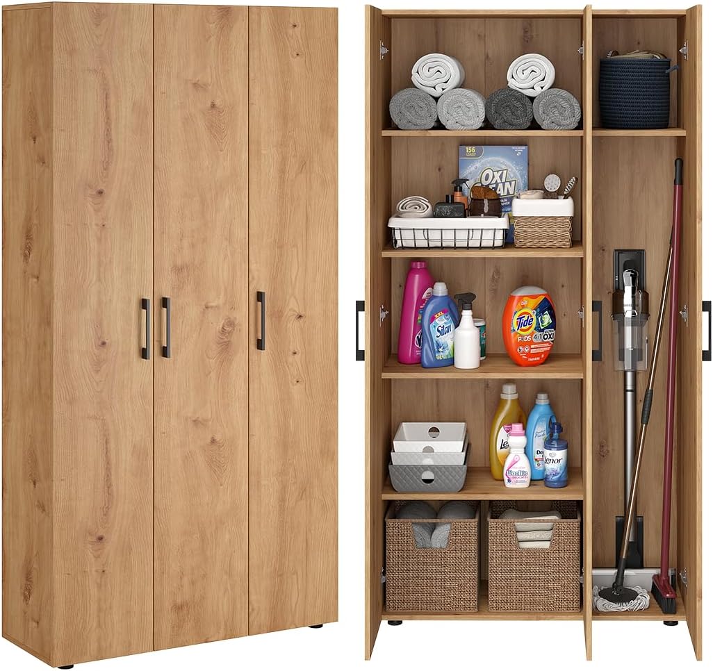 Bellamio Apol Mehrzweckschrank Eichenoptik – Besenschrank 90 cm breit mit Stauraum – Putzschrank mit Staubsaugerfach – Vorratsschrank Küche - Aktenschrank aus Holz - Flurschrank – Aufbewahrungsschrank