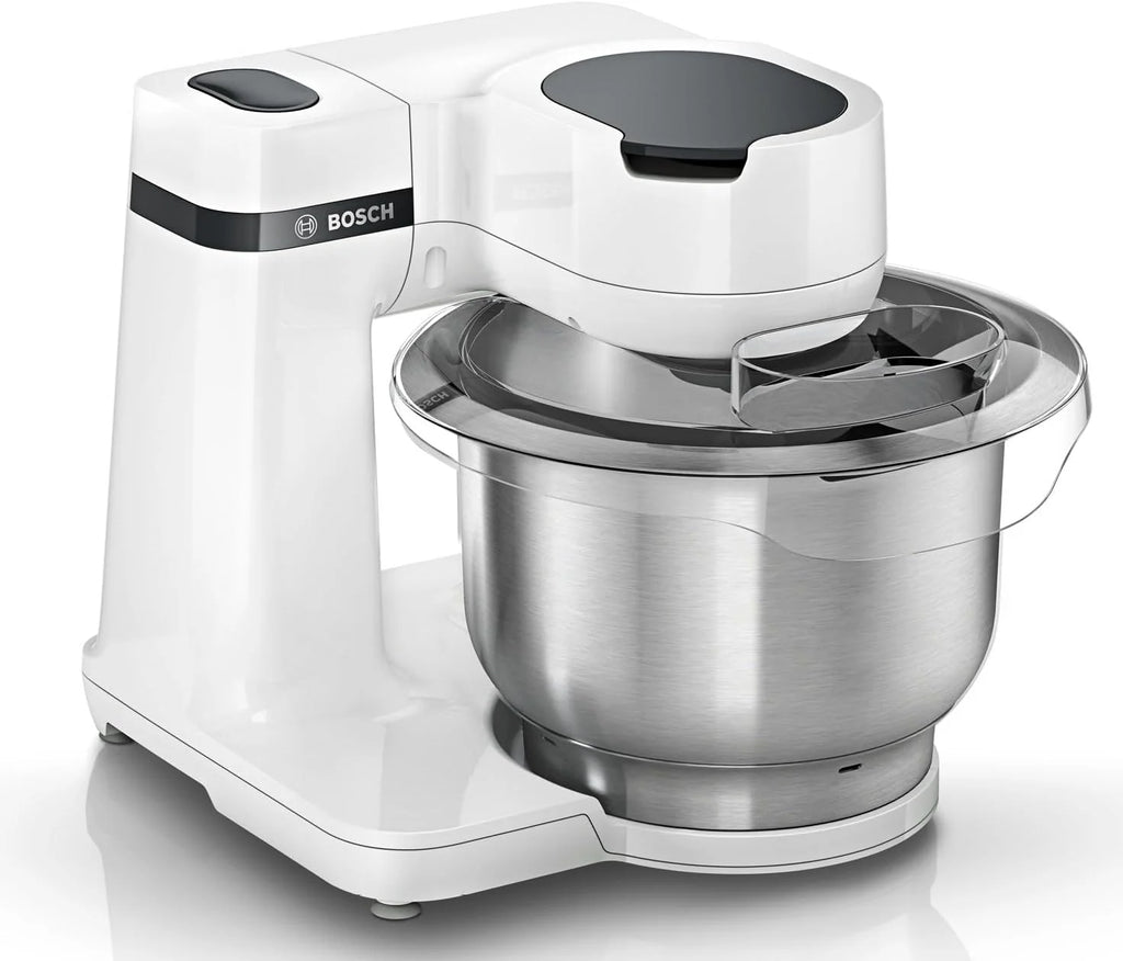 Bosch MUM2 wielofunkcyjny robot kuchenny, 700 W, maszynka do ubijania i wyrabiania ciast, mikser planetarny, hak do ciasta, duża misa ze stali nierdzewnej 3,8l z pokrywą, kolor biały, MUMS2EW00