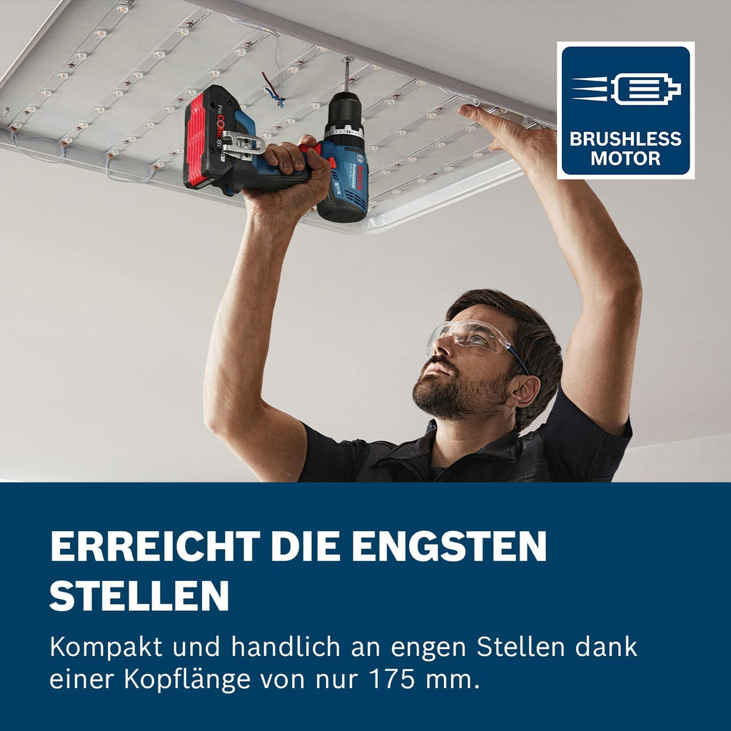 Taladro atornillador de percusión a batería Bosch Professional 18V System GSB 18V-65 (motor sin escobillas, longitud de cabezal 175, incl. 2 baterías GBA 18V 5.0Ah, cargador GAL 18V-40, L-BOXX)