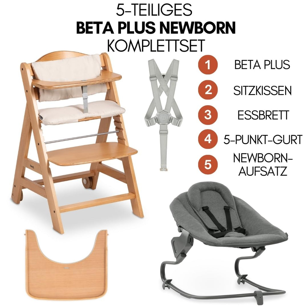 hauck Trona Beta+ Newborn Set Premium Dark Grey - Set de trona para bebé desde el nacimiento con accesorio para recién nacido Bouncer, cojín de asiento y bandeja - Gris oscuro