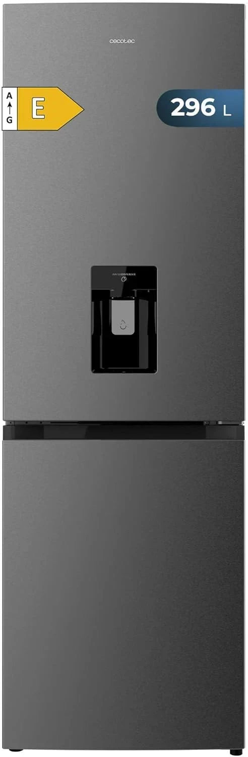 Frigorífico Combi Cecotec de 2 puertas con dispensador de agua Bolero CoolMarket Combi 296 DF WD Dark E. 296 L, 60 cm de ancho, funciones FastCooling, FastFreezing y DeFrost, luz LED interior, Dark Inox