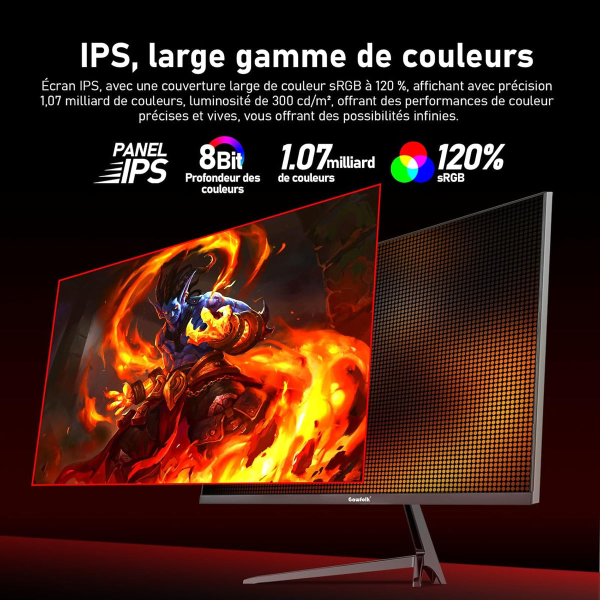 Monitor de PC IPS Gawfolk de 27 pulgadas, 2K WQHD (2560×1440P), monitor gaming de 320Hz, 1ms, sin bordes, 120% sRGB, gran angular de 178°, HDMI, DisplayPort, compatible con soportes de pared VESA 75x75mm - Negro