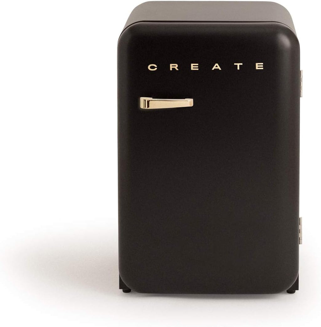 CREAR / RÉTRO FRIGO 83.5 PLATA/Refrigerador negro con manija dorada / 98W, bajo consumo, 2 estantes, regulador de temperatura, botellero, 56x54x84cm.