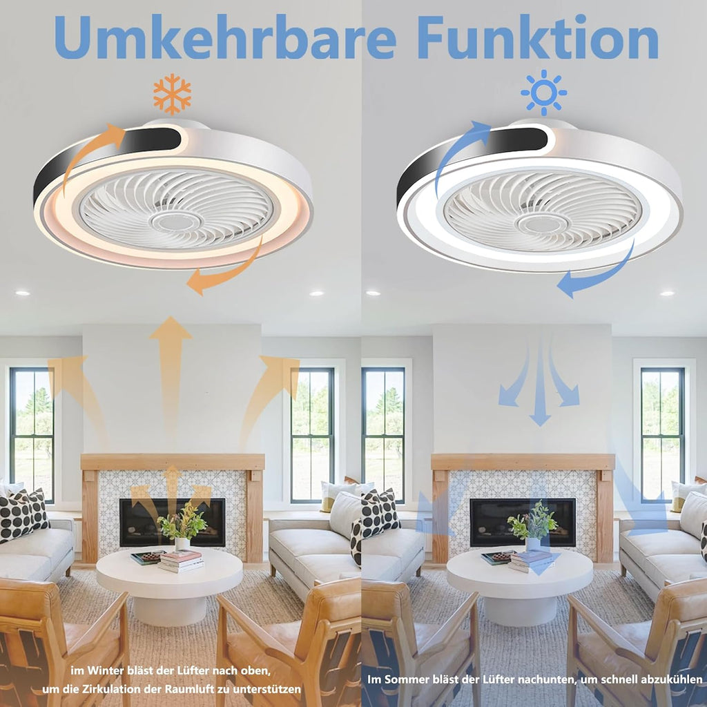Ventilador de techo con iluminación y mando a distancia, regulable, lámpara de techo con ventilador y APP, silencioso, con temporizador - 6 velocidades, modo verano e invierno (blanco y negro)