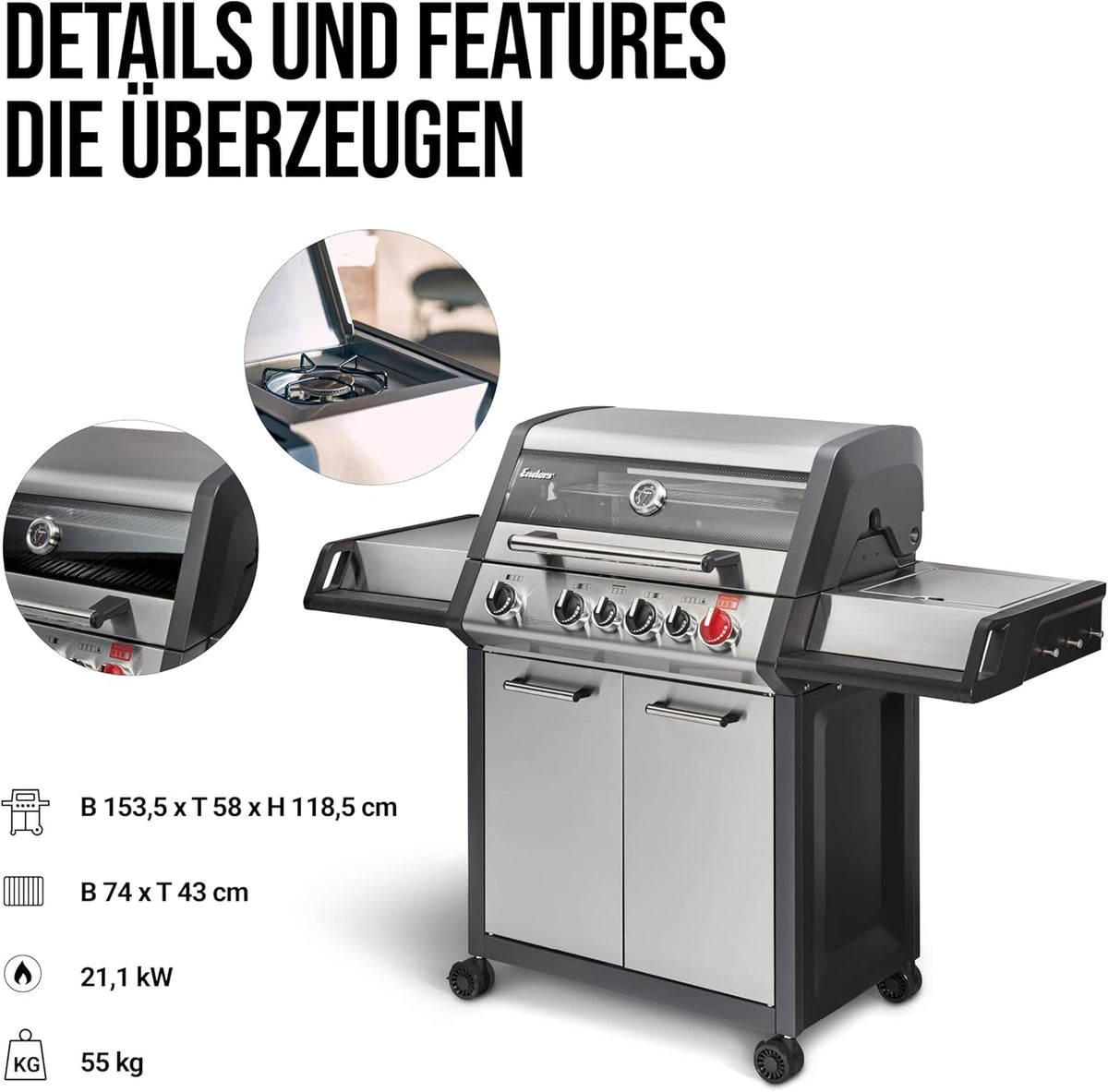 Barbacoa de gas Enders® MONROE PRO 4 SIK TURBO, 4 quemadores de acero inoxidable, hornillo lateral, quemador trasero por infrarrojos, ventana de visualización, HEAT RANGE™, SWITCH GRID™, 800 °C TURBO ZONE™, SIMPLE CLEAN™, #8378