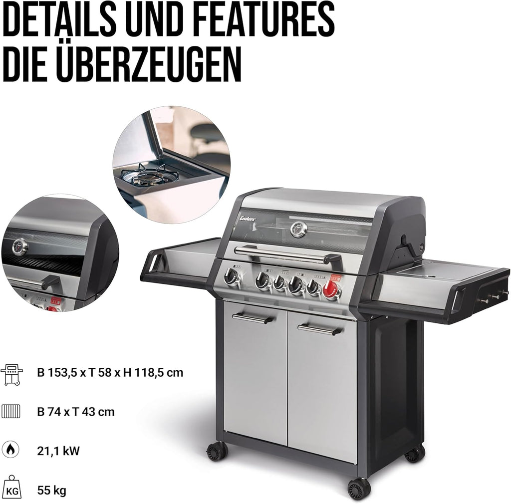 Barbacoa de gas Enders® MONROE PRO 3 SIK TURBO, 3 quemadores de acero inoxidable, hornillo lateral, quemador trasero infrarrojo, ventana PanoVision, quemadores HEAT RANGE, SWITCH GRID, 800 °C TURBO ZONE, SIMPLE CLEAN #8376, plata/negro