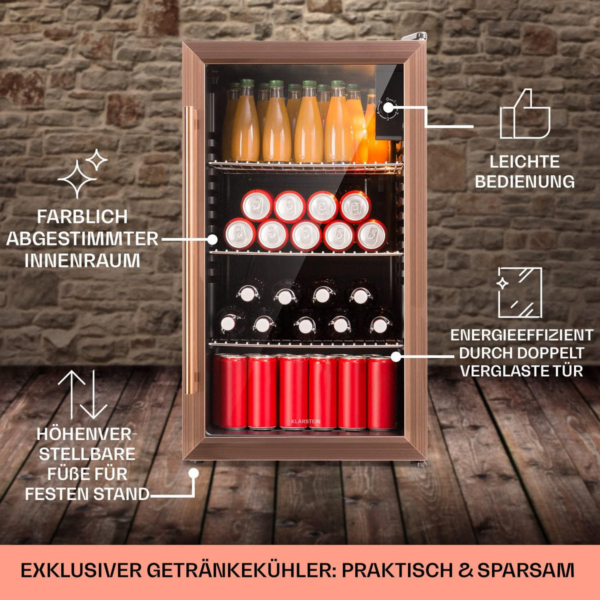 Mininevera Klarstein con puerta de cristal para habitaciones, refrigerador de bebidas con estantes ajustables, pequeño de 80 litros, frigorífico silencioso para interiores/exteriores
