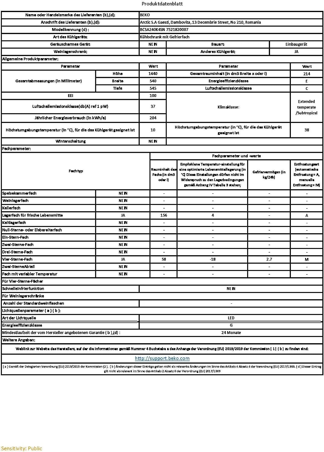 Beko BCSA240K4SN b100 lodówko-zamrażarka, pojemność użytkowa 214 l, chłodzenie 156 l, zamrażanie 58 l, wnęka 145, technologia drzwi holowanych, sprężarka ProSmart Inverter, 37 dB, urządzenie do