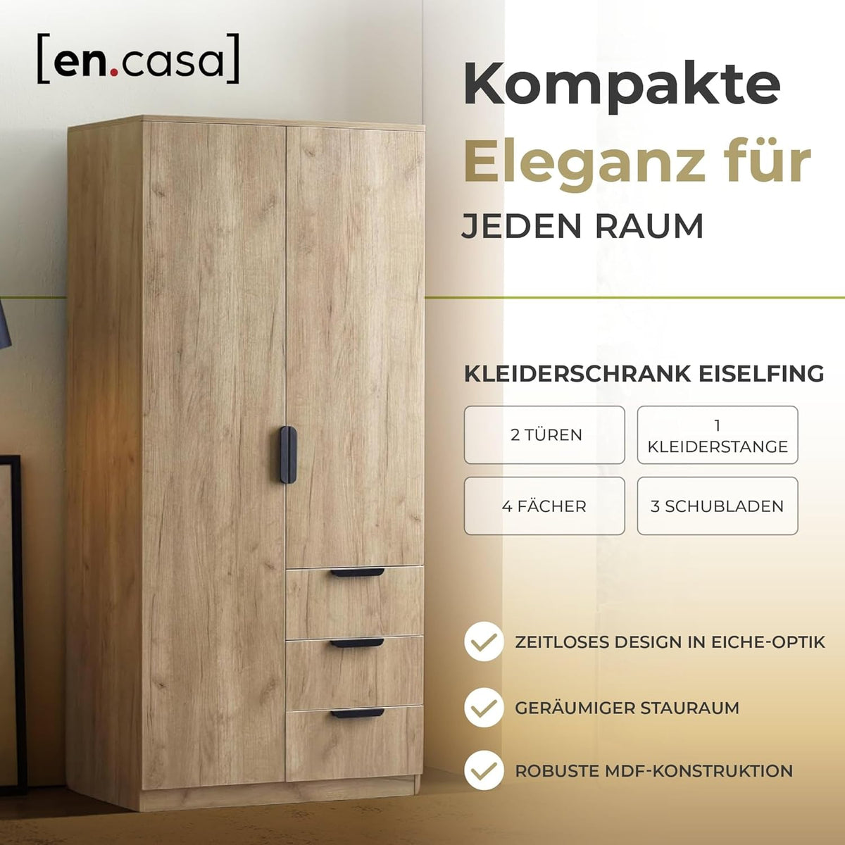 [en.casa] Armario Eiselfing armario con 2 puertas armario ropero 176 x 80 x 52 cm armario de dormitorio 1 barra para colgar 4 compartimentos 3 cajones aspecto roble