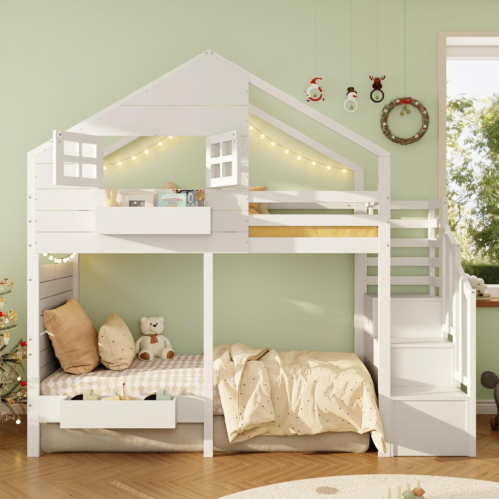 Litera, cama alta, cama infantil 90x200 cm con protección anticaídas y escalera con almacenamiento, cama juvenil, con ventana, madera maciza, blanco