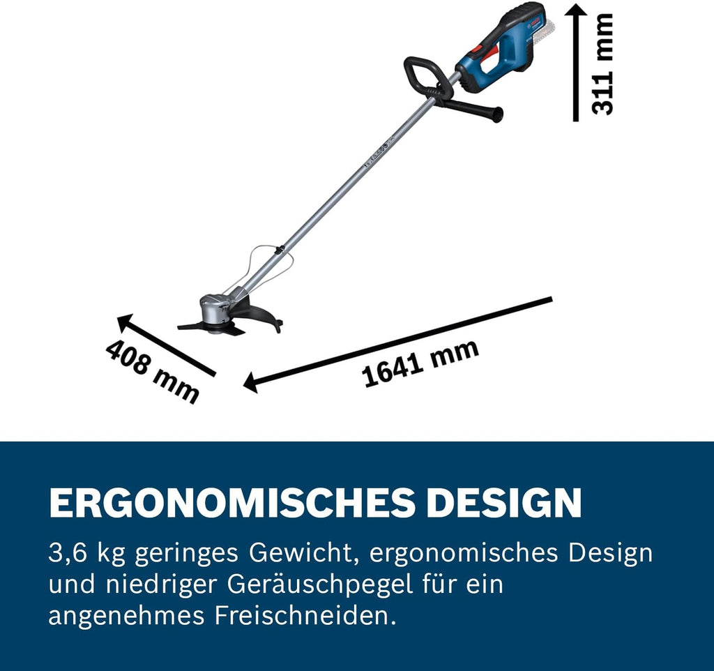 Desbrozadora a batería Bosch Professional 18V System GFR 18V-23 (motor sin escobillas, diámetro de corte 23 cm, 1 bobina de hilo, 1 correa para el hombro, juego de cuchillas para desbrozadora, estribo protector de plantas)