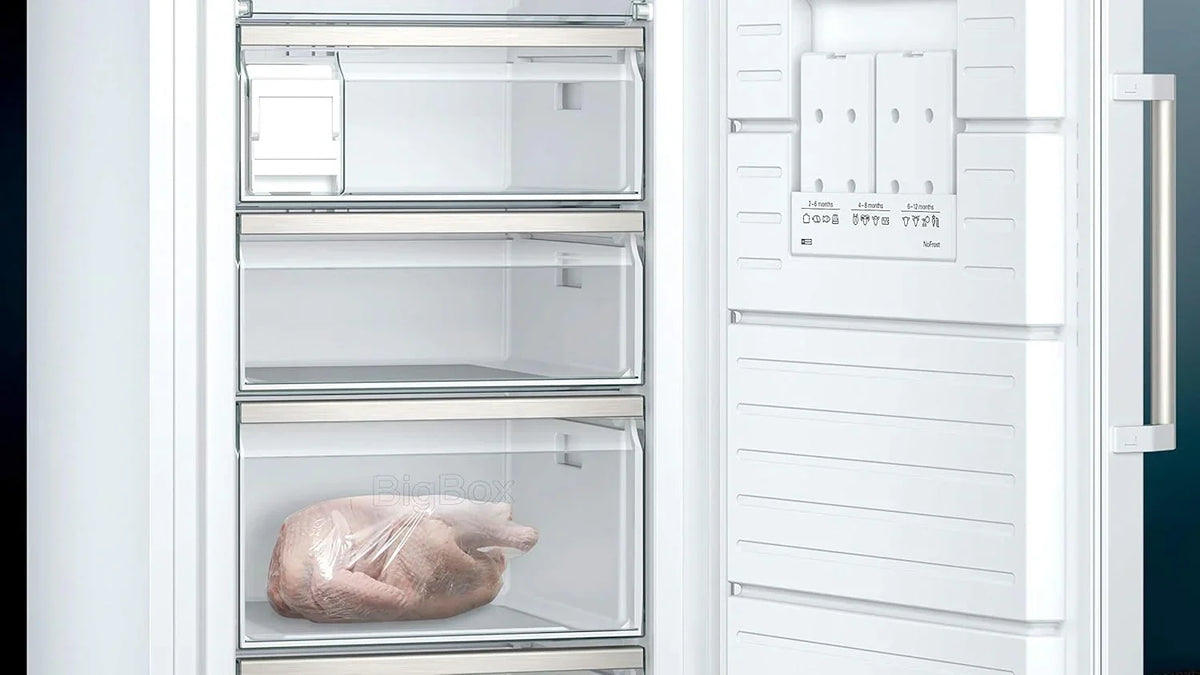 Congelador Siemens GS54NAWCV iQ500, 176 x 70 cm, 327 L, noFrost nunca más volver a descongelar, bigBox espacio para alimentos congelados grandes, varioZone estantes y cajones de cristal flexibles, Blanco