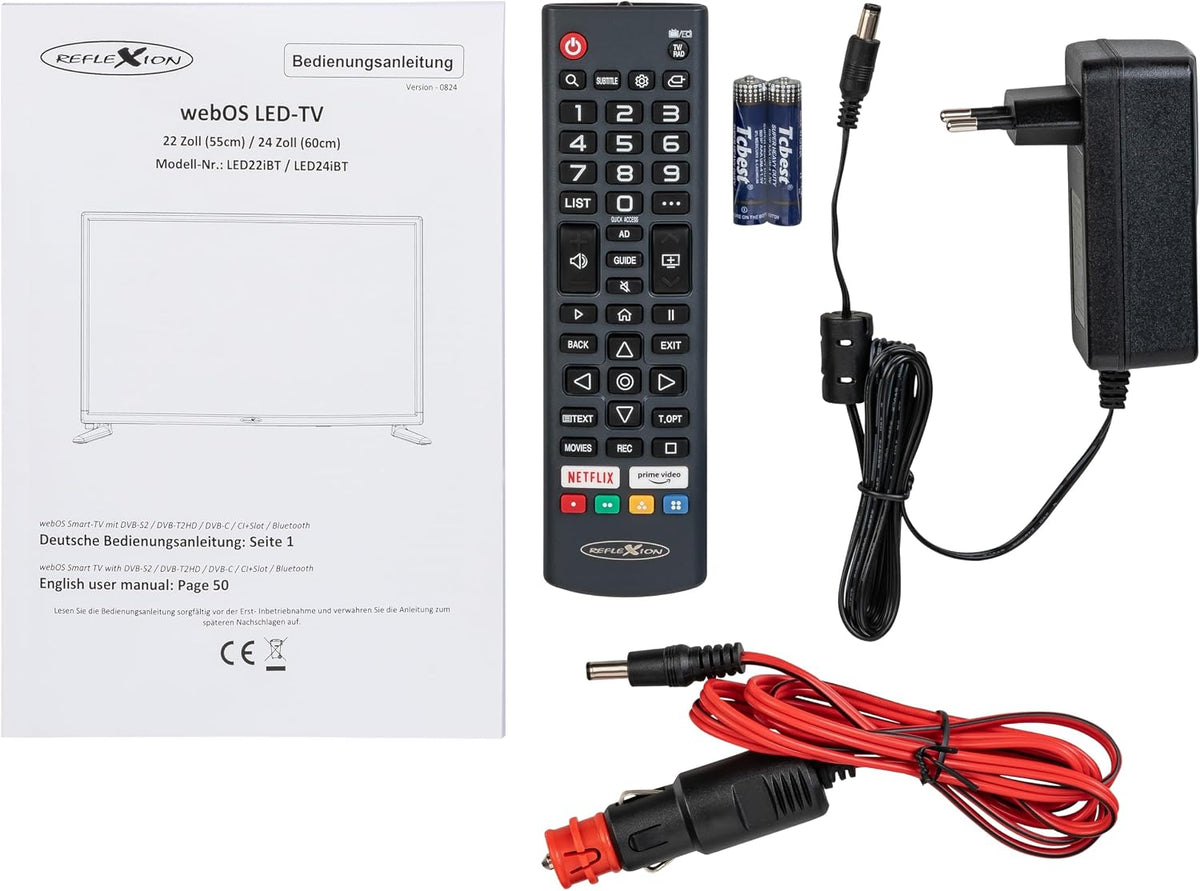 Televisor Smart LED REFLEXION LED24IBT, LG webOSHub, 60 cm / 24 pulgadas, TV para caravana/autocaravana/camping/caravana/barco/camión, 12/230 voltios, Full HD, triple sintonizador, DVB-T2HD, DVB-S2, DVB-C, Bluetooth, WLAN