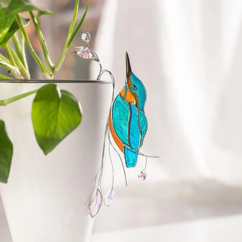 Estaca de jardín con atrapasueños de cristal de martín pescador - Decoración de vitral - Hecho a mano 4x6,5 pulgadas