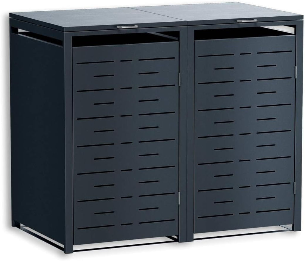 Cobertizo para 2 cubos de basura Metzler de 240 l, color antracita con diseño de líneas horizontales, revestimiento metálico para 2 cubos, bloqueable, dos cobertizos con recubrimiento en polvo y tapa automática | Nexus