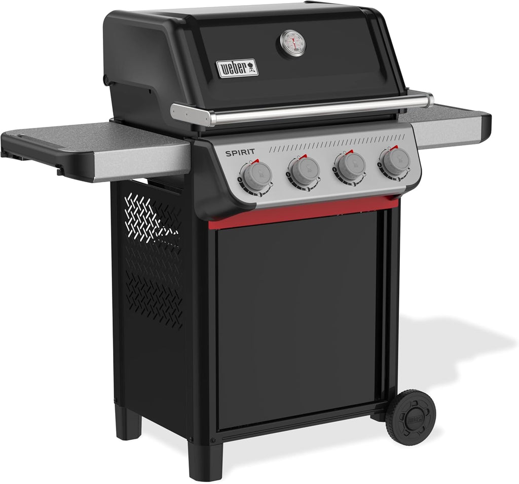 Barbacoa de gas Weber Spirit E-410 / 4 quemadores, encendido piezoeléctrico, ruedas robustas y rejilla de calentamiento, superficie de cocción de 51 x 46 cm, compatible con mesas laterales Weber Works, negro/plata