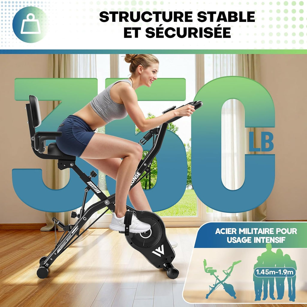 Bicicleta estática, SLUNSE Bicicleta estática 5 en 1 con 16 niveles de resistencia magnética, bicicleta estática plegable con 10 dB, bicicletas de fitness para entrenamiento cardiovascular en casa, capacidad de 160 kg
