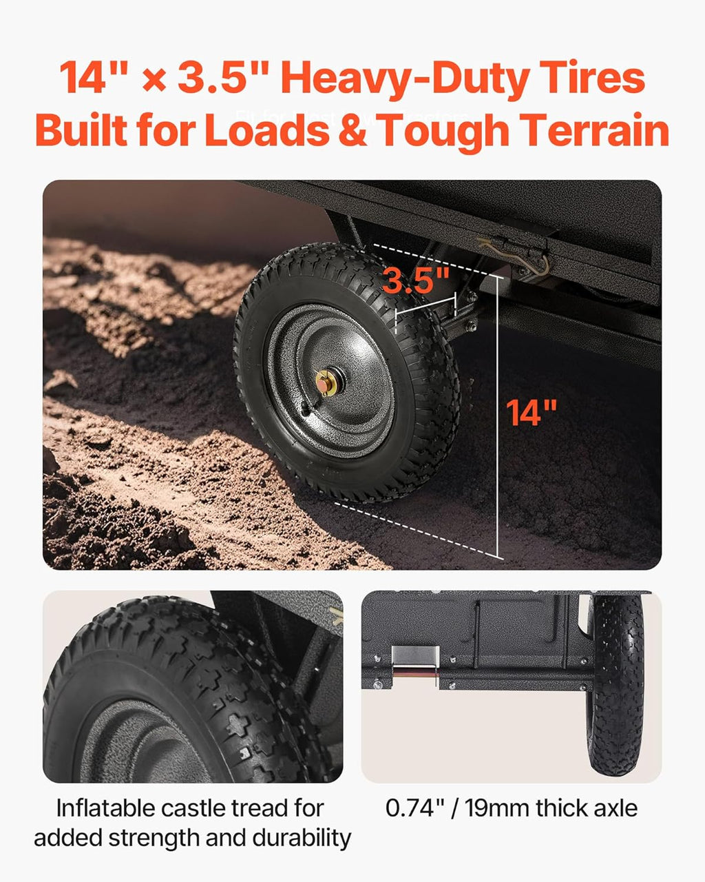 VEVOR Remolque Basculante, 283 L, Remolque de Jardín de Acero para Tractor Cortacésped, Capacidad de Carga 226,8 kg, con Neumáticos de 35,56 cm, Carrito de Transporte con Volquete para ATV, UTV