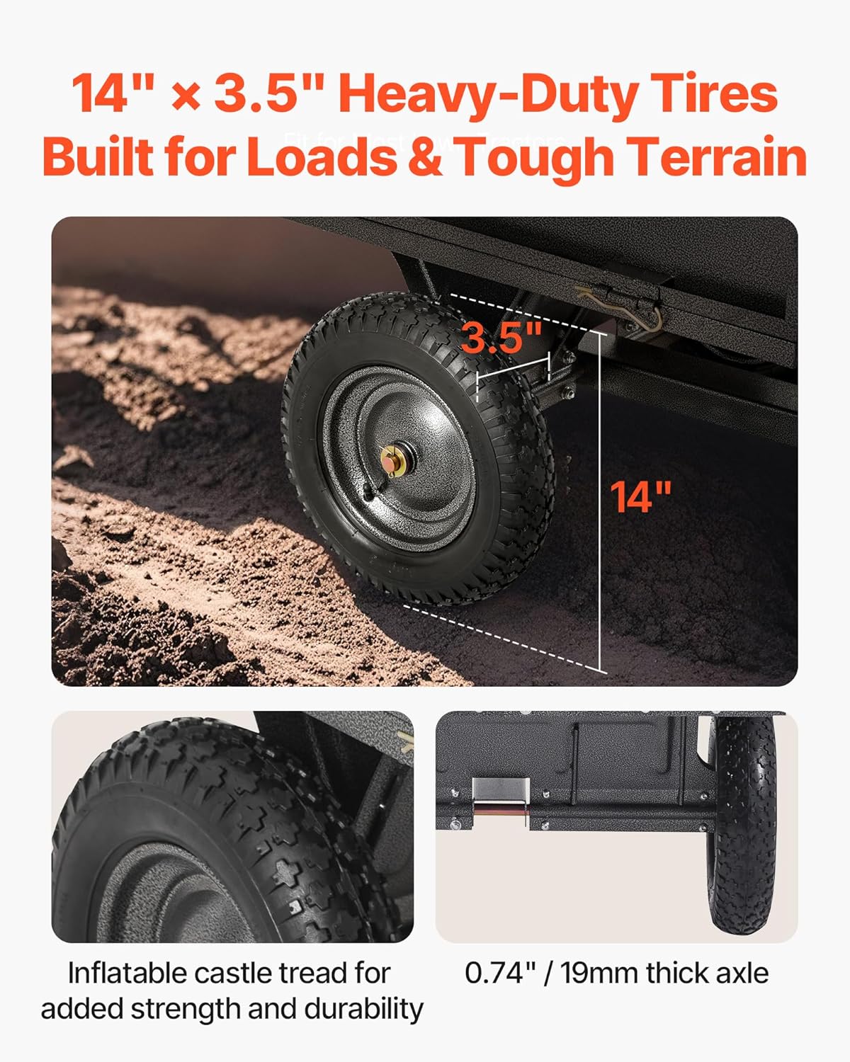 VEVOR Remolque Basculante, 283 L, Remolque de Jardín de Acero para Tractor Cortacésped, Capacidad de Carga 226,8 kg, con Neumáticos de 35,56 cm, Carrito de Transporte con Volquete para ATV, UTV