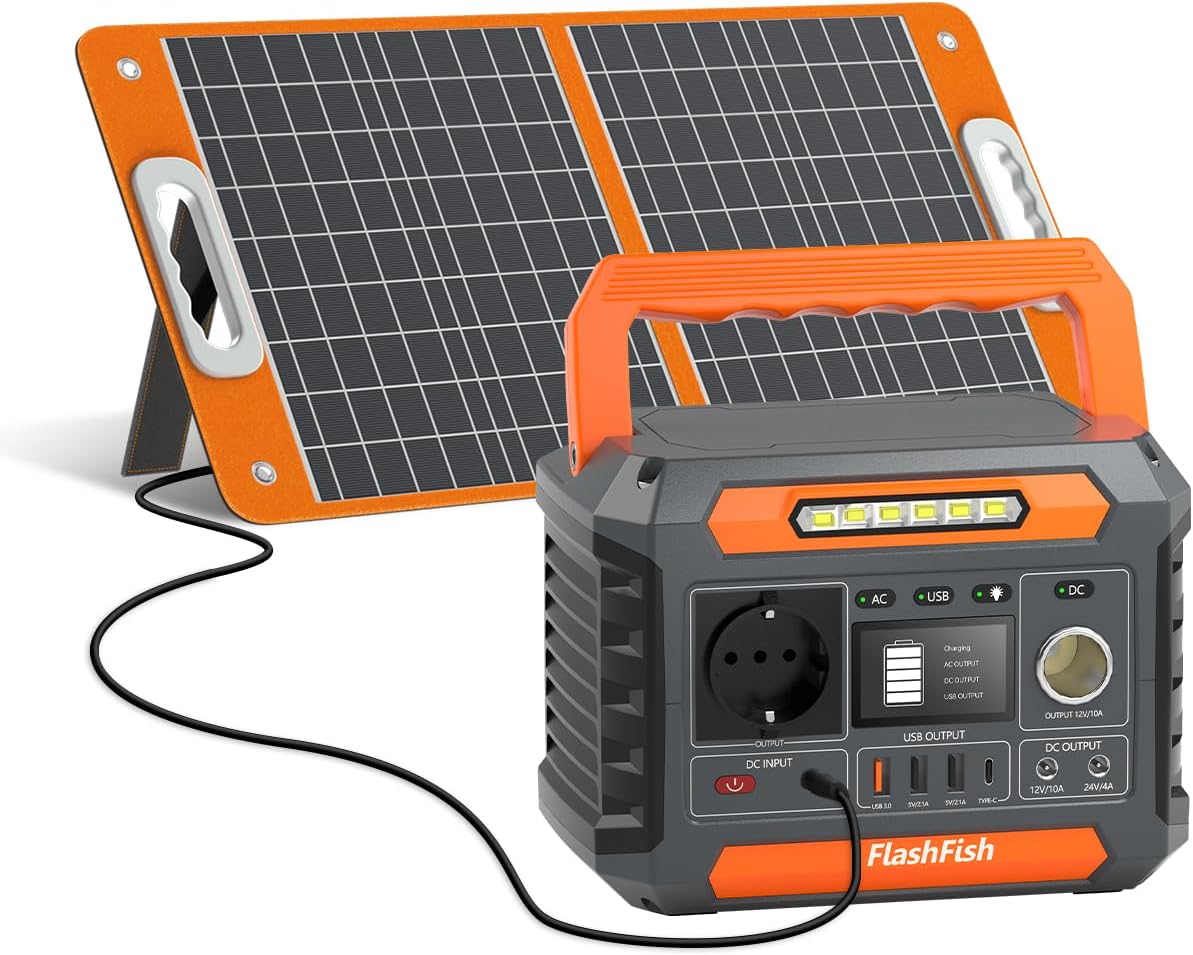 Estación de energía portátil FlashFish de 230Wh con panel solar de 60W, generador solar de 300W (pico de 600W) con 2 puertos CC, 4 puertos USB, luces LED, generador de emergencia para camping, viajes y cortes de energía