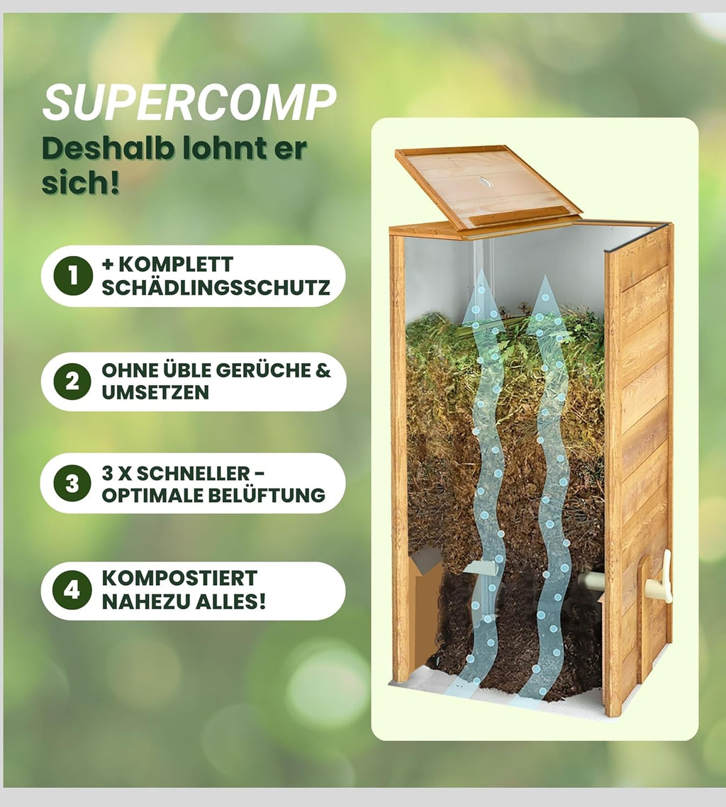Compostador de madera a prueba de ratas con tapa, protección contra plagas, rejilla de ventilación y base, técnica deslizante para compostaje sin malos olores, sin necesidad de volteo, 340 L