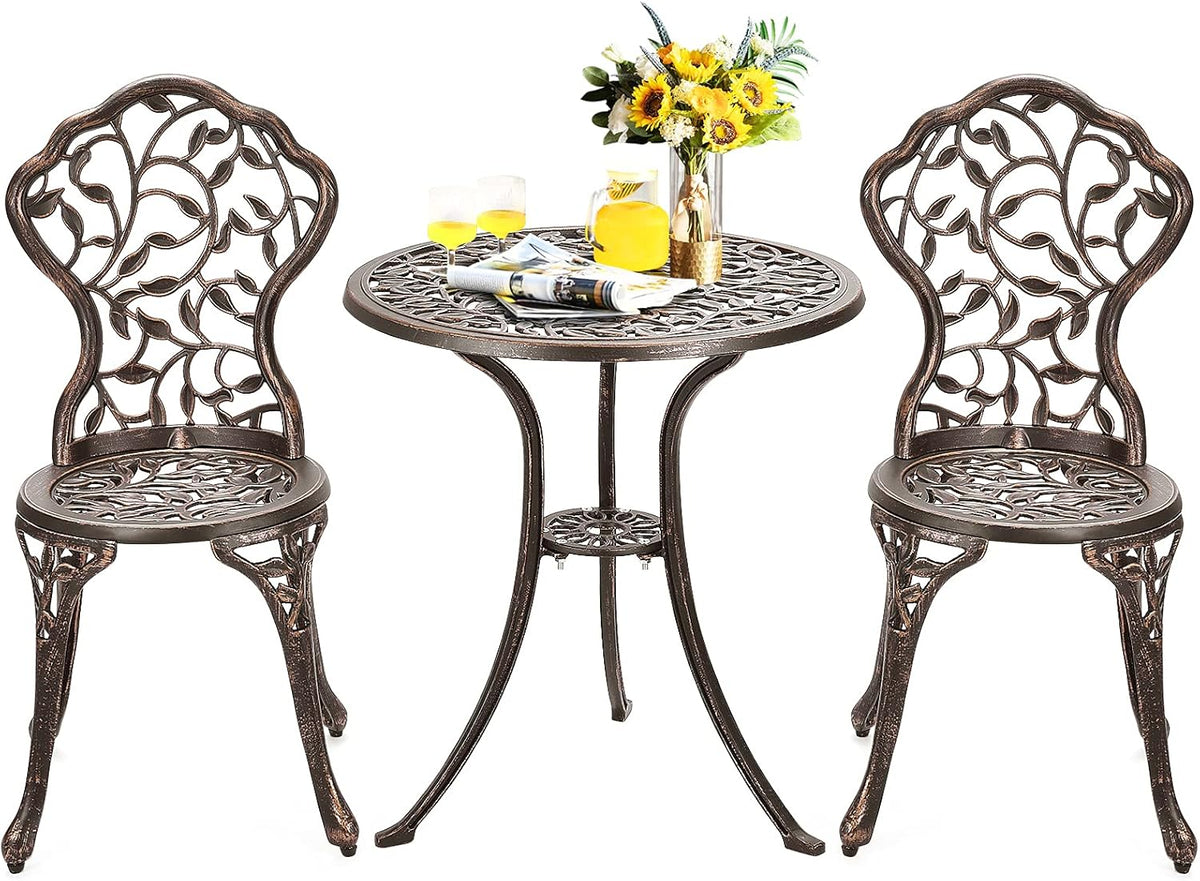 GIANTEX 3 TLG. Bistro Set, Bistrotisch mit 2 Stühlen, Gartenmöbel Set Alu, Gartenset Balkonset antik, runder Gartentisch, Balkonmöbel Set Garten Sitzgruppe 2 Sitzhocker Outdoor Bronze