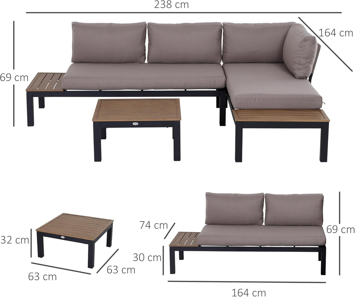 Set de muebles de jardín Outsunny de 3 piezas con mesa auxiliar, sofá con cojines, para exteriores, de aluminio, 164 x 74 x 69 cm