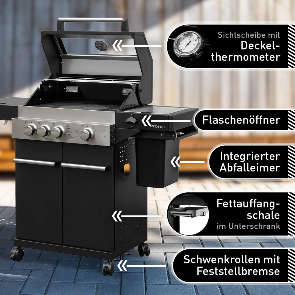 Barbacoa de gas Hektor 3B-S incl. asador giratorio y funda protectora con 3 quemadores, quemador Sear, parrilla de hierro fundido, hornillo lateral, ventana de visualización y termómetro para jardín y terraza