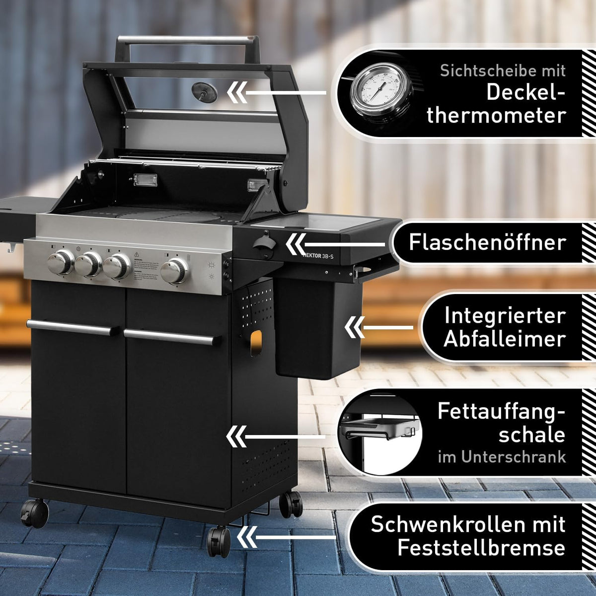 Barbacoa de gas Hektor 3B-S incl. asador giratorio y funda protectora con 3 quemadores, quemador Sear, parrilla de hierro fundido, hornillo lateral, ventana de visualización y termómetro para jardín y terraza