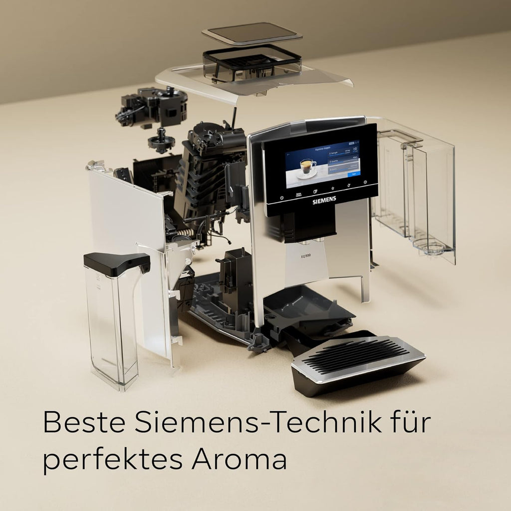 Cafetera superautomática Siemens EQ900 TQ903D03, control por app, pantalla táctil intuitiva, modo barista, AromaBoost, reducción de ruido, molinillo premium, limpieza automática con vapor, 1500 W, acero inoxidable