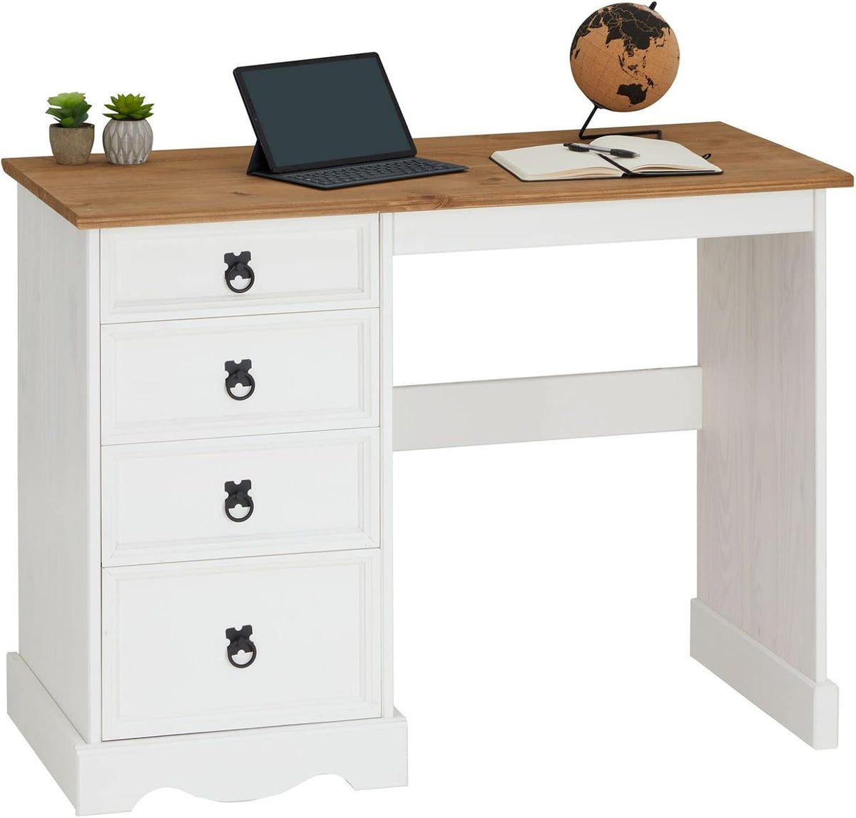 Escritorio Campo de estilo rústico, elegante mesa de madera maciza de pino, mesa de oficina con cajones