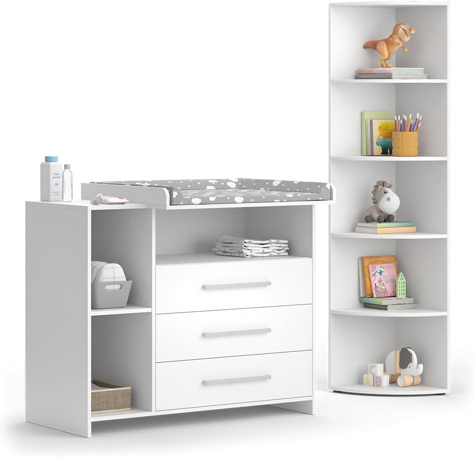 Juego de habitación infantil Vicco Oskar, blanco, 2 piezas, con cambiador y estante para juguetes, convertible en cómoda normal tras retirar el cambiador