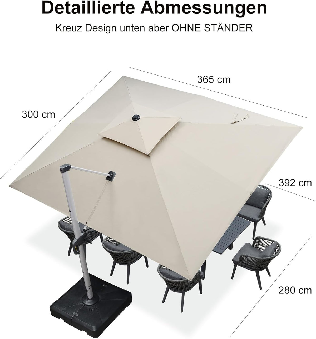 PURPLE LEAF Sombrilla rectangular de 300 x 365 cm, sombrilla lateral grande y estable, sombrilla de mercado grande con rotación de 360°, sombrilla de jardín con manivela, protección solar XXL UV50+, beige