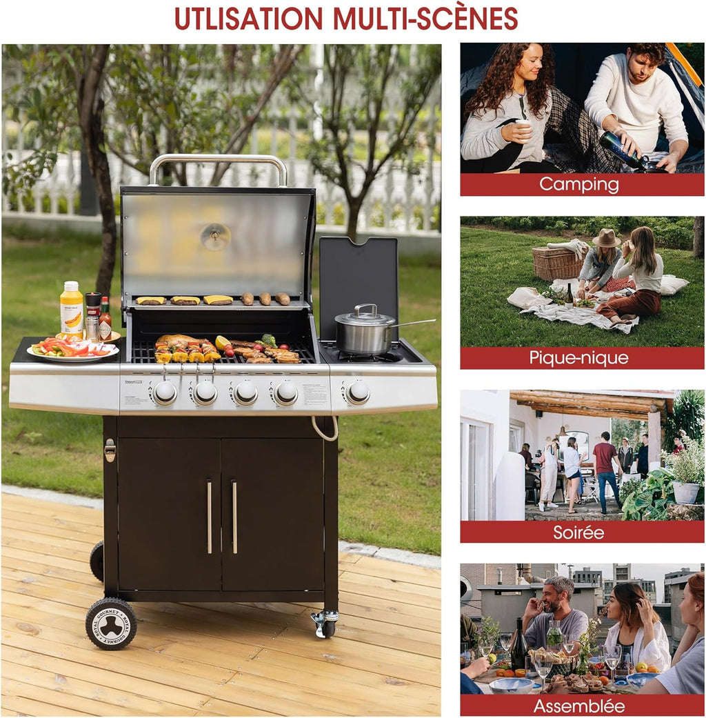 Barbacoa de gas Royal Gourmet de 4+1 quemadores de acero inoxidable, parrilla de gas de 14,5 kW con estantes y termómetro, 2 ruedas direccionales, 2 puertas, adecuada para jardín y exterior, negra