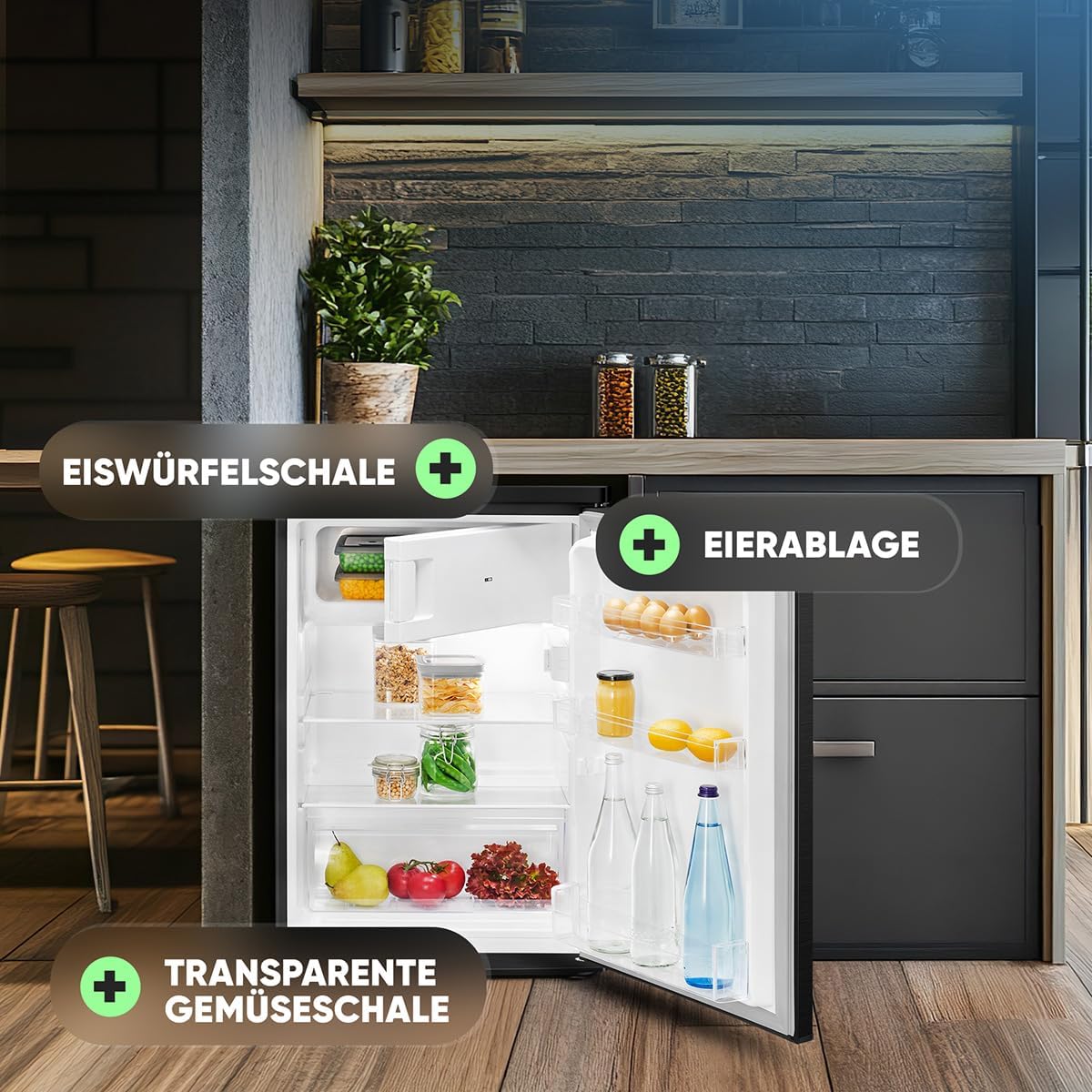 Frigorífico con congelador Bomann® | 109 litros | eficiente energéticamente, silencioso y compacto | 2 estantes, compartimento para frutas y verduras | Congelador de 4 estrellas | Sentido de apertura de puerta reversible | KS 7251 negro