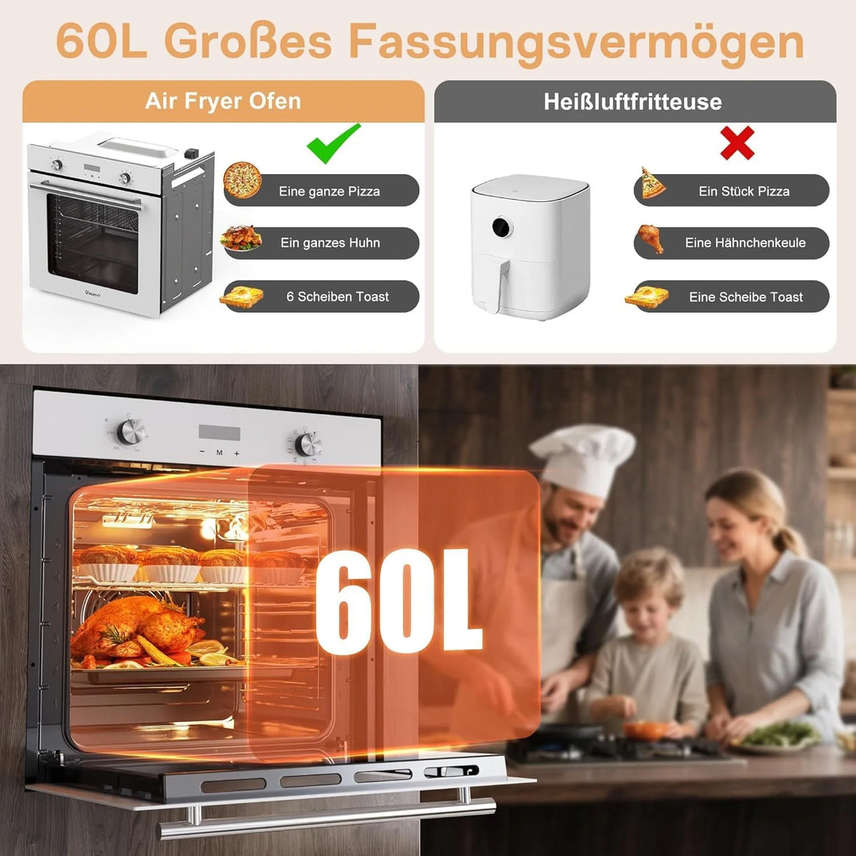 Cuisson à l'air Chaud 3D piekarnik do zabudowy, 60 cm, wolnostojący, 60 l, timer, 2,2 kW, 9 funkcji, z grillem i emaliowaną blachą do pieczenia, Cuisson à l'air Chaud 3D