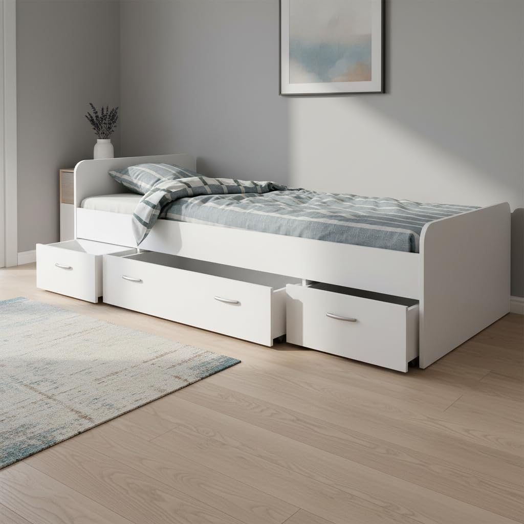 Cama individual moderna Boro con 3 cajones 90 x 200 cm - Práctica cama tipo litera para habitación juvenil en blanco - 95 x 66 x 204 cm (ancho/alto/fondo)