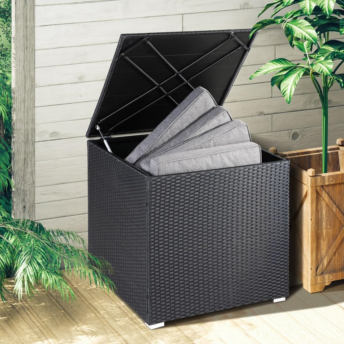 Set de muebles de jardín Lounge Casaria® incl. caja de almacenamiento de 318 L, para exteriores, con mesa, cojines, resistente a la intemperie, poliratán, color negro antracita, muebles para balcón y terraza