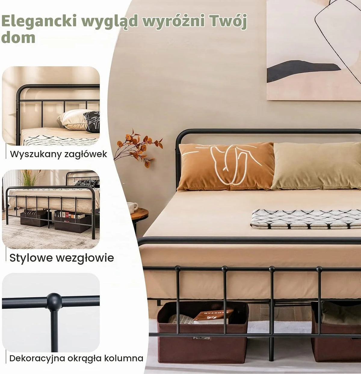 COSTWAY metalowe łóżko z ramą na materac 200 x 160 cm, podwójne stelaż łóżka, łóżko z ramą i szkieletem, miejsce do przechowywania pod łóżkiem, metalowe łóżko gościnne z platformą